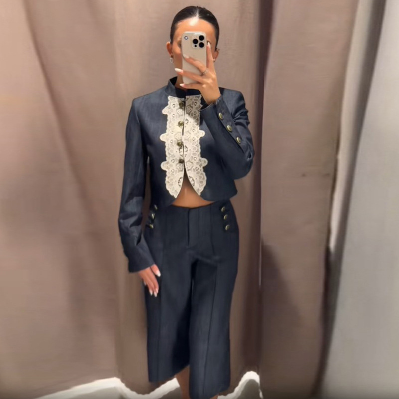 European and American cross-border women's denim short jacket and cropped pants set with lace trim, metal buckle, stand-up collar, vintage court style European and American cross-border women's denim short jacket and cropped pants set with lace trim, metal buckle, stand-up collar, vintage court style