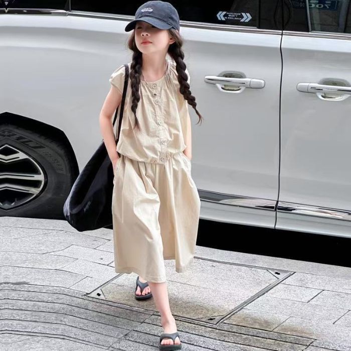 Traje de verano para niñas 2025 nuevo estilo estilo occidental, chaleco sin mangas de moda para niños grandes, pantalones anchos casuales para niños, marea