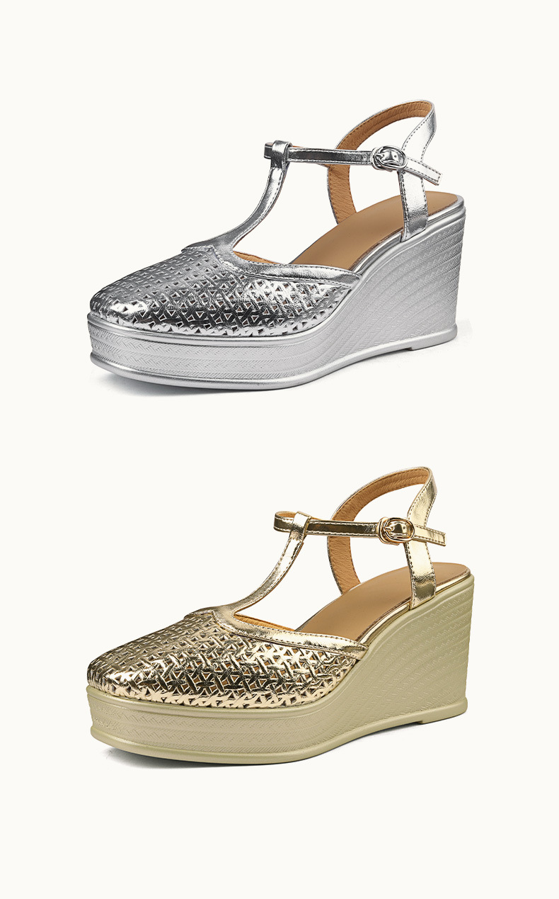 Sandal nữ cao gót mũi hở quai chữ T da thật đế xuồng 9 cm — màu vàng, bạc chi tiết 9