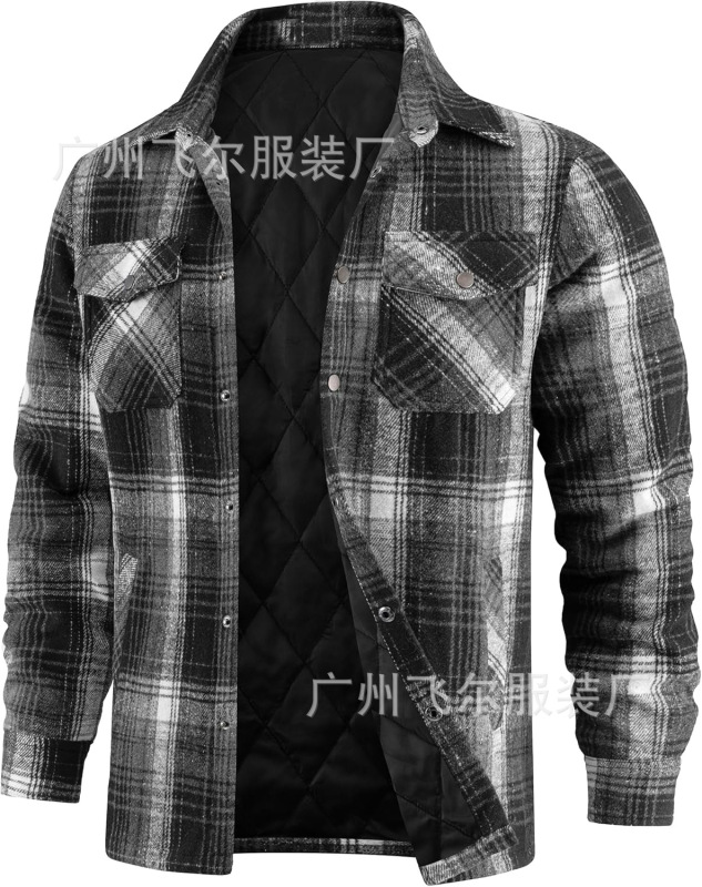 欧美男装棉衣亚马逊长袖翻领法兰绒色织格子保暖宽松型男外套批发|undefined