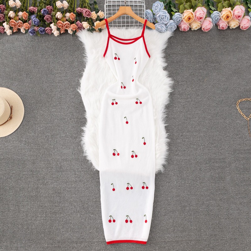 Cross-Border Amazon Spaghetti Strap Knit Dress Long Skirt with High-End Embroidery, Strawberry Hollow-Out Design, Fashionable Knit Dress for Export