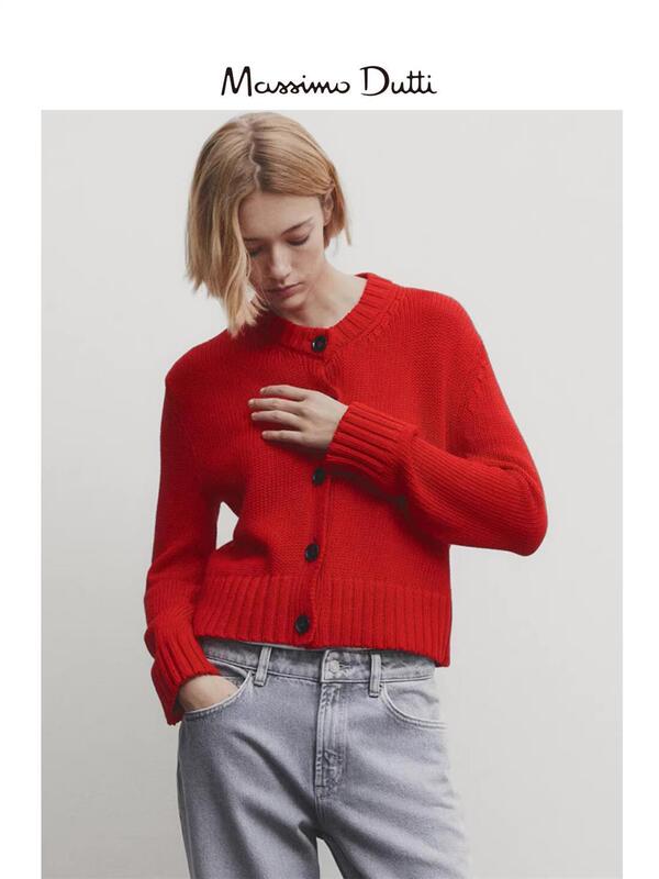 Massimodutti Women's Clothing 2026 Spring New Style Red Pure Cotton Buttoned Short Jacket Round Neck Knitted Cardigan