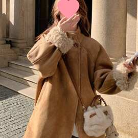 新款美拉德宽松休闲中长款加绒加厚上衣棕色羊羔毛外套女冬季
