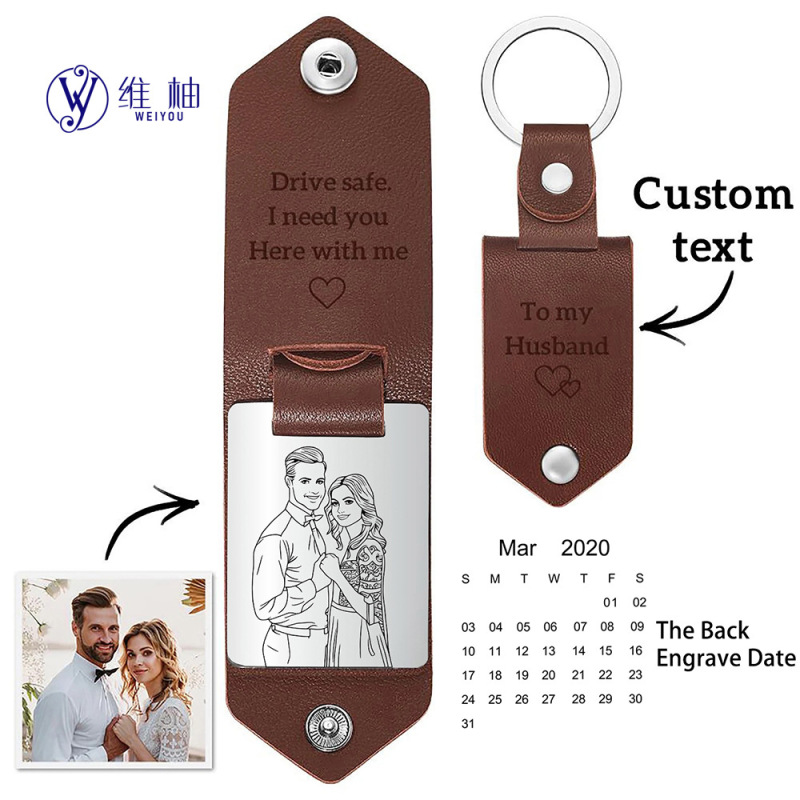 Independent Station Hot Selling Photo Line Drawing Leather Keychain Personalized Couple Photo Line Drawing Leather Keychain