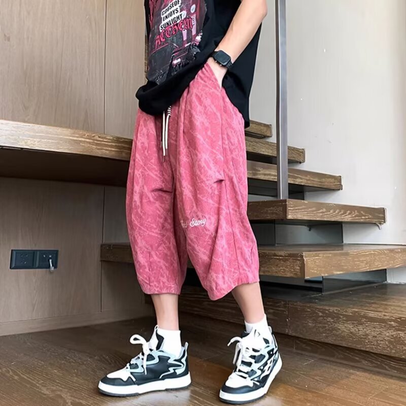 American Tie-Dye Cropped Pants Men's Large Size Straight Pants Drawstring Wide-Leg Casual Pants Elastic Waist Sports Shorts Summer