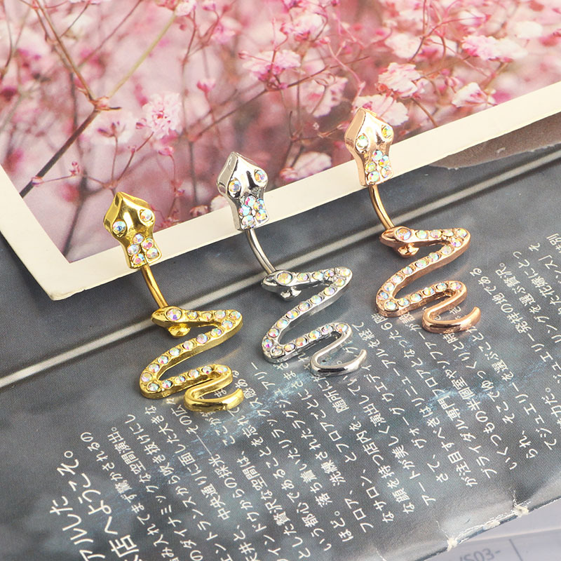 Snake Navel Ring Curved Barbell 316L Surgical Steel Rose Gold AB Drill Belly Button Jewelry detail image 7