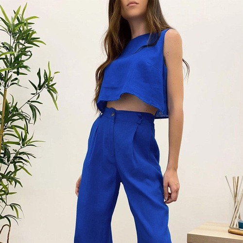 Summer Solid Color Crew-Neck Sleeveless Vest Top & Pants: Fashionable Two-Piece European and American Style Women's Outfit