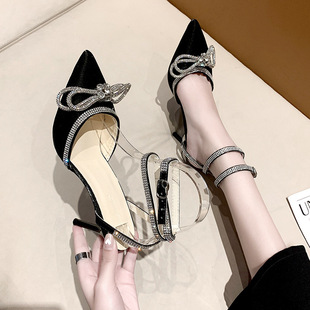 Sexy Pointed Thin Heel Shoes with Rhinestone Cool Fairy Style 2024 New Summer Black Elegant High Heels