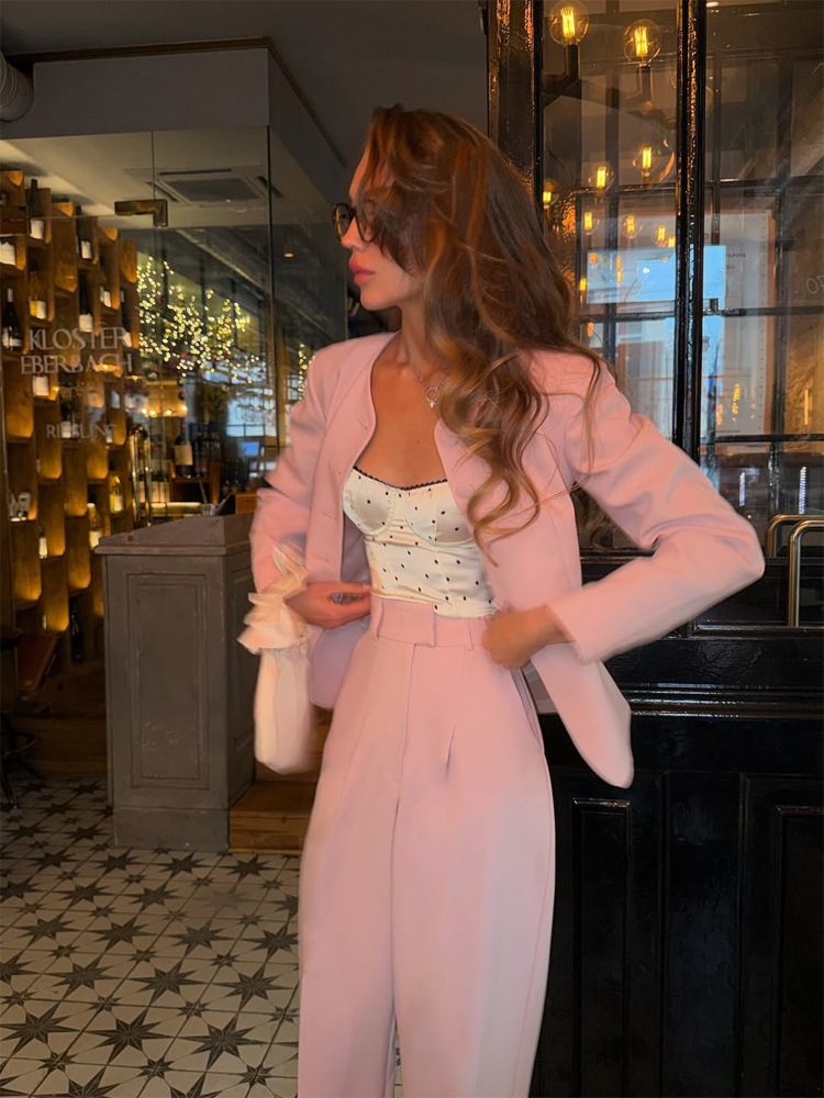 Chaqueta de traje con cuello redondo de elastano monopecho para otoño e invierno