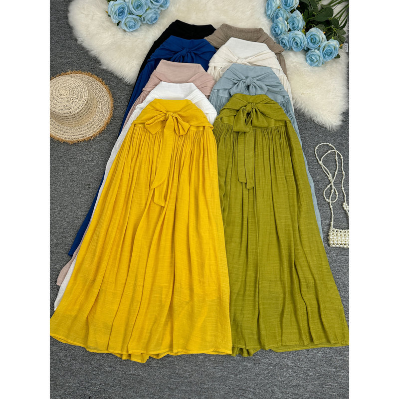European and American Cross-Border Dopamine Color Lace-Up Cotton and Linen Large Hem Skirt Classic Versatile Work Clothing A-Line Mid-Length Skirt