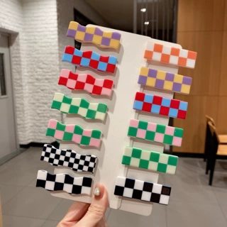 网红彩色棋盘格发夹韩式女孩头饰边夹刘海夹甜美少女发卡发饰批发