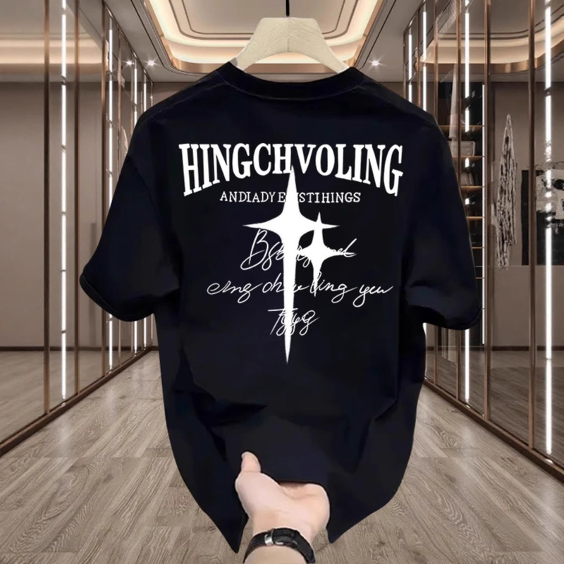 Summer Heavyweight Pure Cotton Loose T-Shirt American Hip-Hop Trendy Artistic Vibe Ins Round Neck Versatile Short-Sleeve Men's Clothing