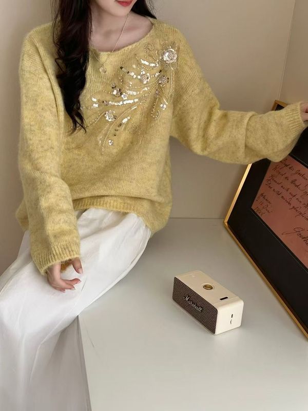 重工钉珠亮片套头毛衣女2025秋冬新款韩系宽松百搭圆领针织衫上衣|undefined