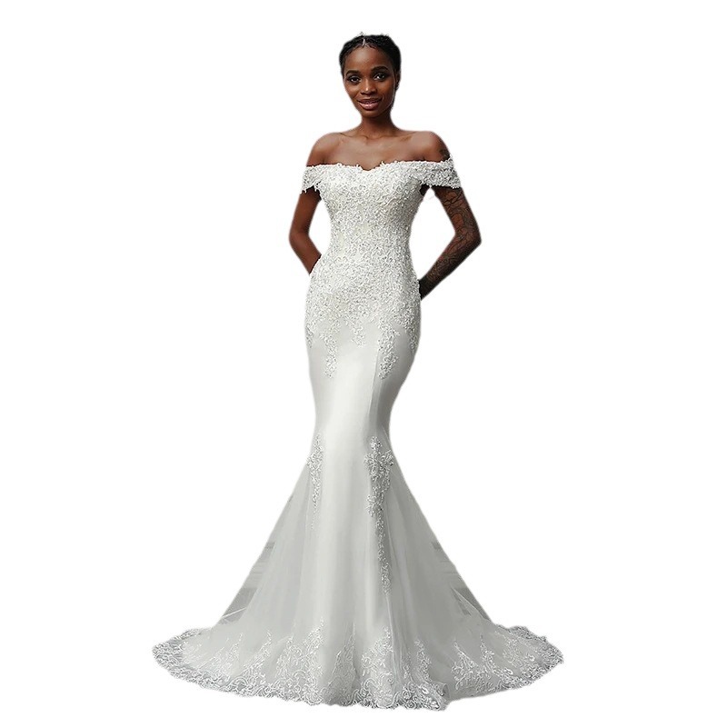 Nuevo comercio exterior vestido de boda sirena africana serie de hombro de encaje bolsa de cadera vestido de novia delgado