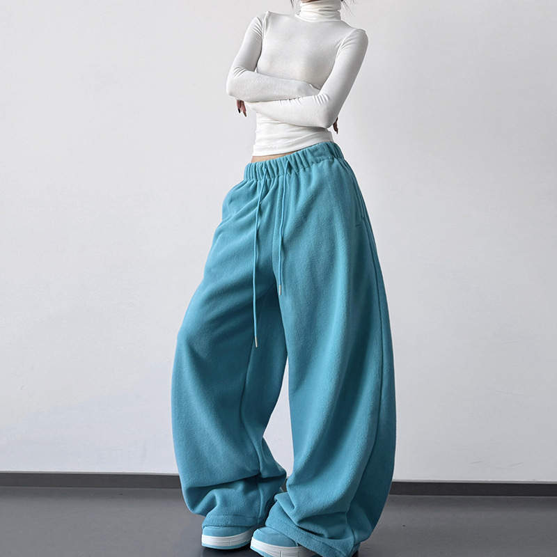 Lake Blue Polar Fleece Casual Pants for Women 2025 Autumn and Winter Fleece-Lined Warm Loose Wide-Leg Pants Lazy Style Sports Pants