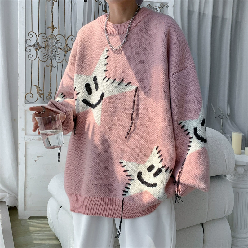 Контрастный цветной трикотаж со звездами, оверсайз, ленивый стиль, одежда для пар, мужской и женский трикотаж, осенне-зимняя высококачественная куртка большого размера