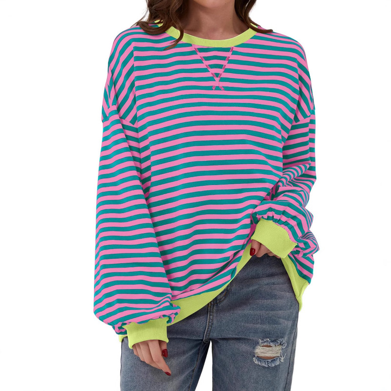 2026 Spring Simple Cross-Border Casual New Striped Pattern Round Neck Trendy Long Sleeve Pullover Color Block T-Shirt Sweatshirt