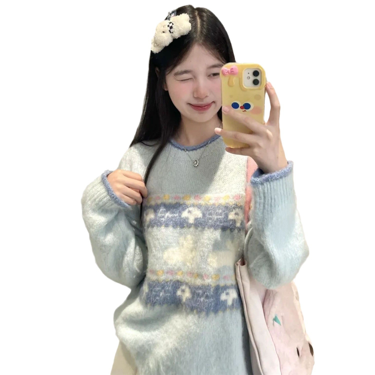 게으른 스타일 귀여운 자카드 소프트 왁스 풀오버 스웨터 가을과 겨울 모피 크루 넥 루즈 니트 탑