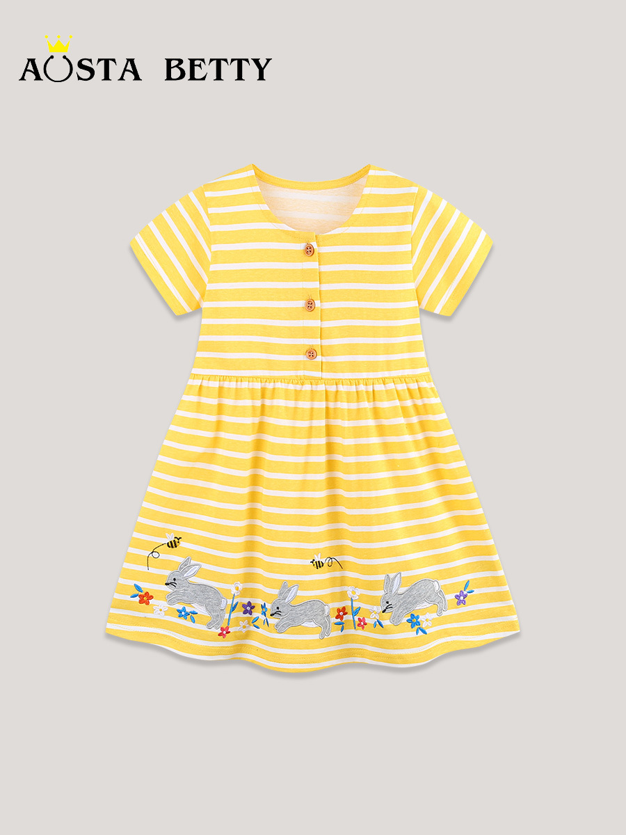 Nuevo vestido de niña de verano dibujos animados animales bordados falda de princesa infantil de punto falda de niña de algodón transfronteriza