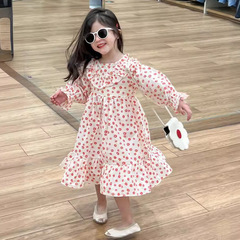 童裝女童連衣裙2024夏裝裙子滿印橘色小花碎花裙棉布長袖公主裙