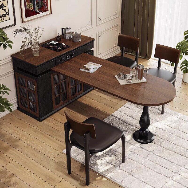 French-Style Retro Small Apartment Solid Wood Rotatable Multifunctional Sideboard Integrated Island Table Bauhaus Extendable Dining Table