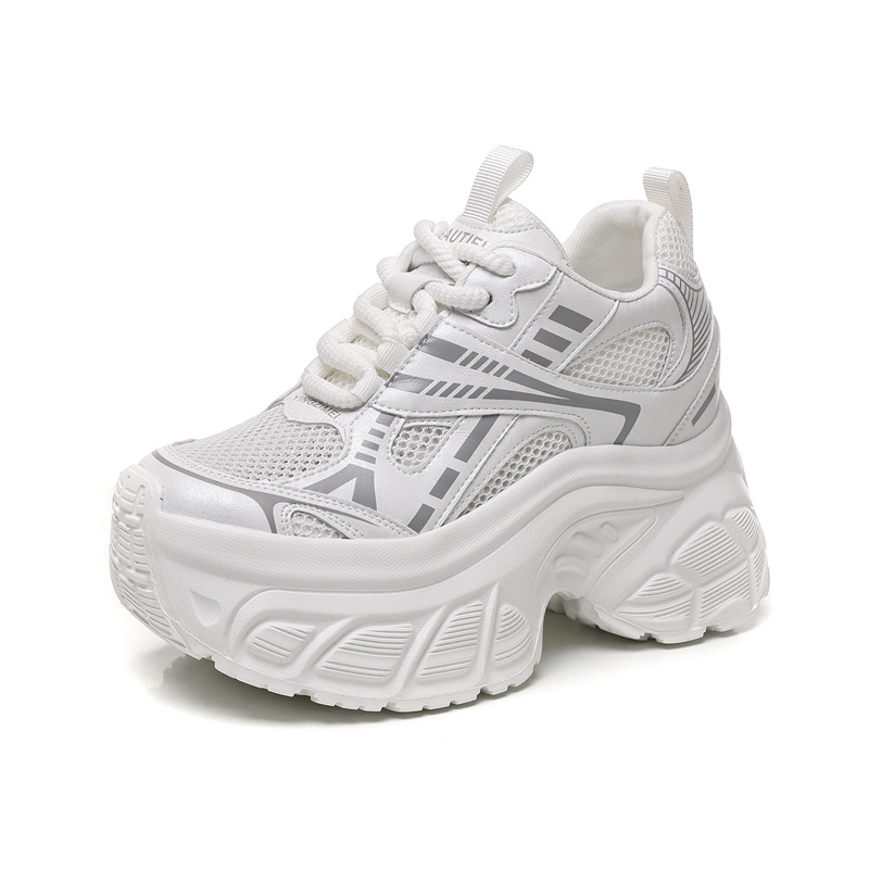 Giày sneaker nữ chunky đế dày lưới thoáng khí tăng chiều cao — Màu trắng