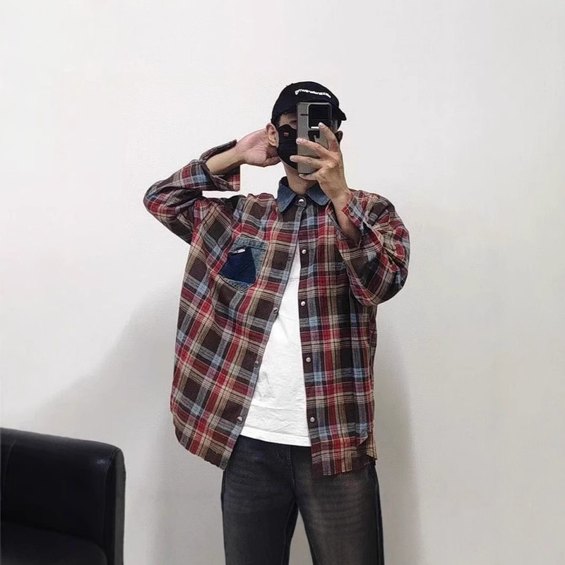 American Style Retro Plaid Shirt Long-sleeved Men's Spring and Autumn Loose Casual Shirt Trendy Brand Denim Patched Jacket