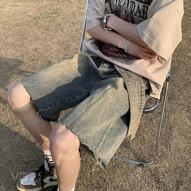 Washed Rapped Denim Shorts Men's Summer American Style Retro Pants High Street Trendy Brand Loose Wide Leg Pants Washed Rapped Denim Shorts Men's Summer American Style Retro Pants High Street Trendy Brand Loose Wide Leg Pants