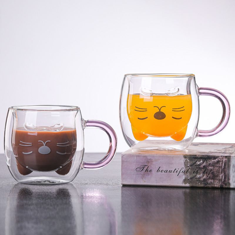 雙層玻璃杯卡通小熊杯帶把耐熱雙層水杯咖啡牛奶杯早餐杯喝水杯子