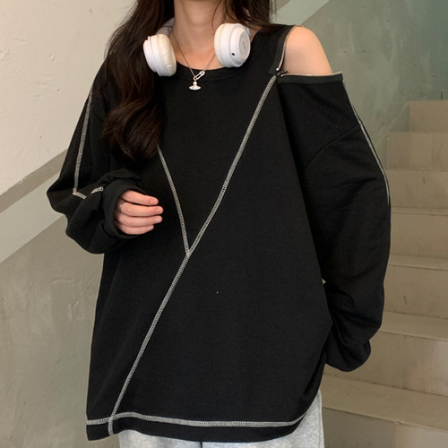 Designed irregular off-shoulder sweatshirt for women in spring and autumn ins loose zipper large size fat mm chic top jacket