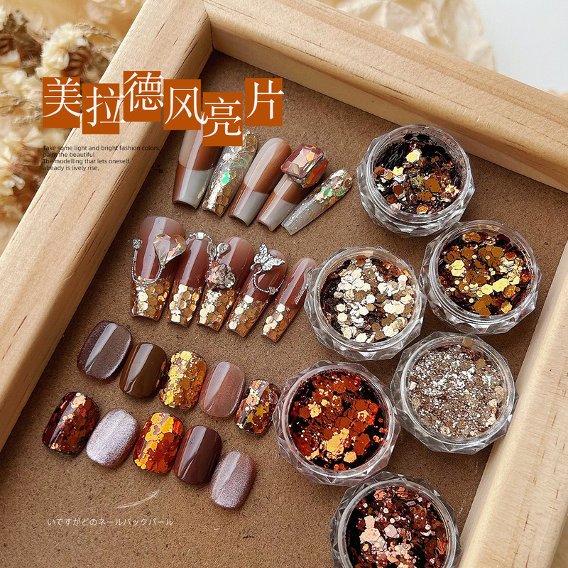 Autumn and Winter Internet Celebrity Sparkling Maillard Style Nail Art Sequin Powder 2025 New Golden Chestnut Brown Fragments Nail Accessories