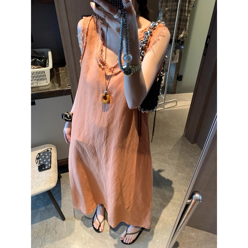 Moqie Release Guide Tencel Linen Vertical Cut Raw Edge V-Neck Loose Slim Sleeveless Dress Mq0580