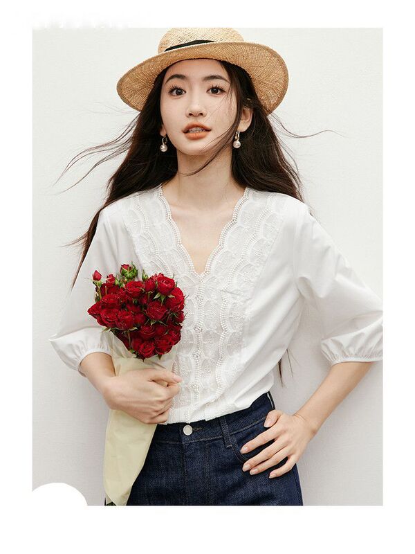 Cotton Korean-Style Thin Shirt with Three-Quarter Sleeves, French Lace Splicing, White Summer Straight-Cut High-End Top for Women