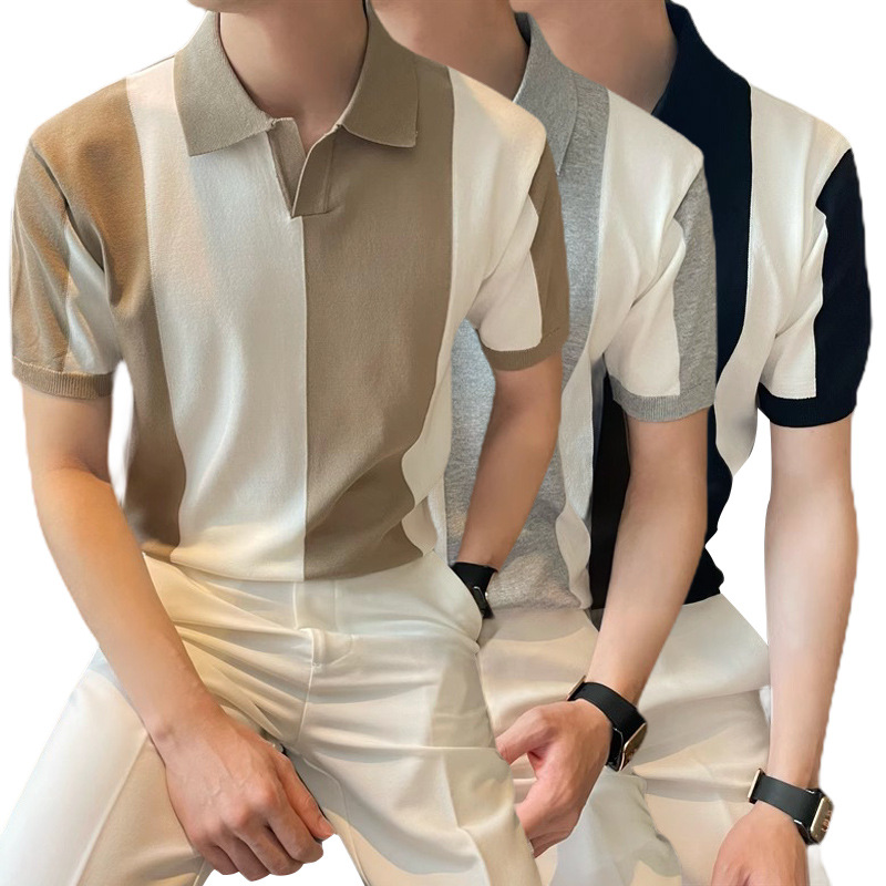 Men's Slim-Fit Color-Block Polo Shirt – Breathable V-Neck Knit Tee (Lightweight, Stretch, Business Casual)_viptrois.com