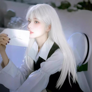 Wig Female Long Hair Autumn and Winter Universal Cos Two-Dimensional White Air Bangs Long Straight Hair Simulated Human Hair Full Headgear