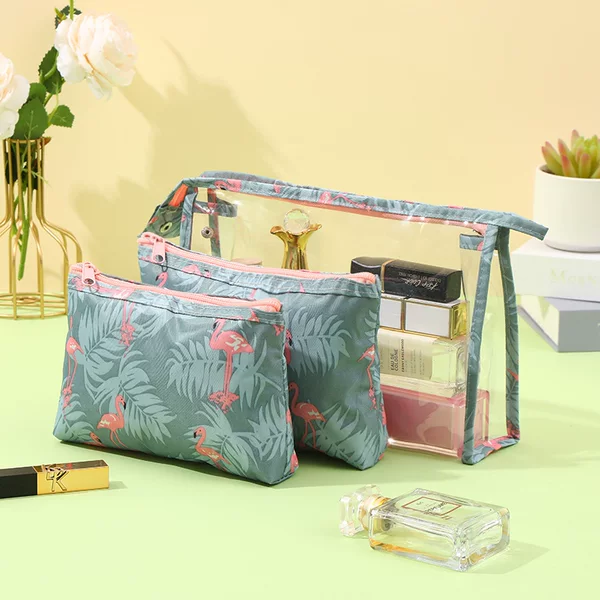 Korean Printed Flamingo PVC Cosmetic Bag Multi-functional Travel Transparent Waterproof Wash Storage Bag Three-piece Set