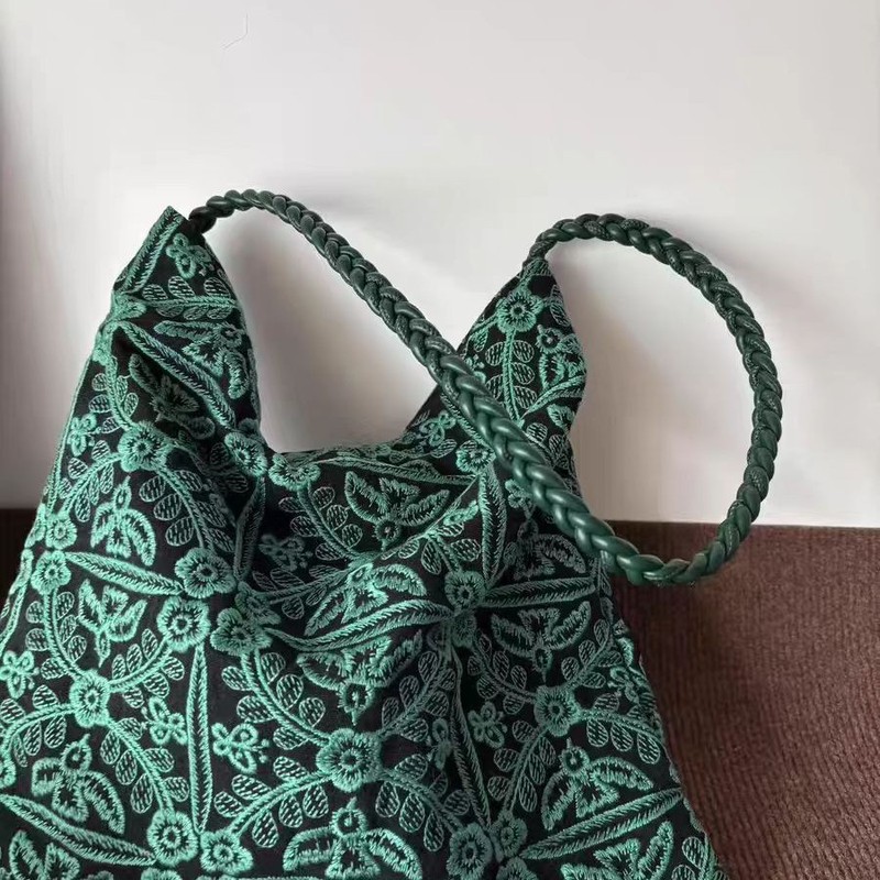 グリーンジャングル織り刺繍キャンバスバッグ大容量オリジナルニッチハンドメイドバッグ多用途シンプルトートバッグ|undefined
