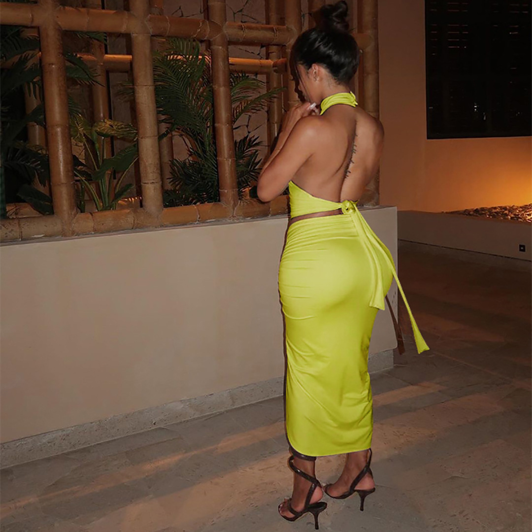 Summer Women Clothing Solid Color round Neck Cropped Backless Top Drawstring Mid Length Dress Set