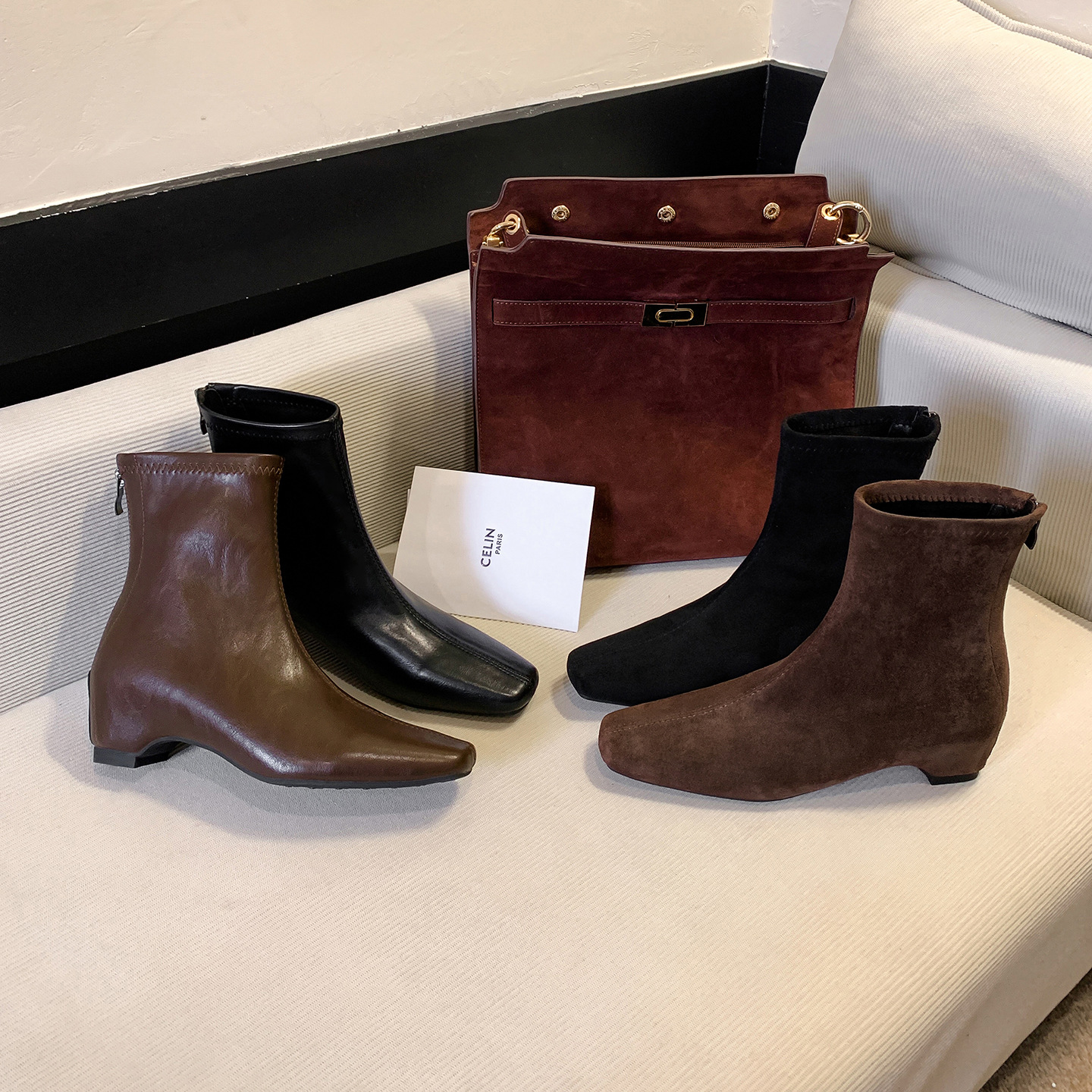 Grape Ma Same Style~ Commuting Fleece-Lined Shoes, Martin Boots with 6cm Internal Height Increase, Square Toe, Back Zipper, Slim Boots, Women's Short Boots