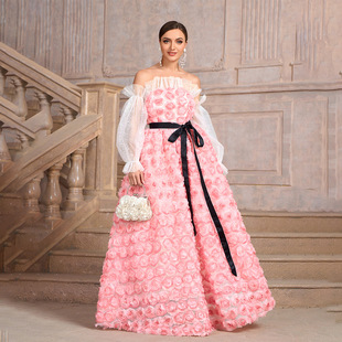 2025 Cross-border Pink Strapless Stereo Flower Mesh Stitching Women's Formal Dinner Dress with Sleeves