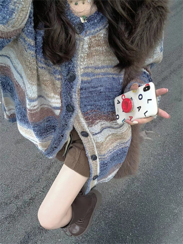 レトロなコントラストカラーステッチセーター女性の秋と冬の新しい怠惰なスタイルルーズストライプグラデーションニットカーディガンジャケットトップ|undefined