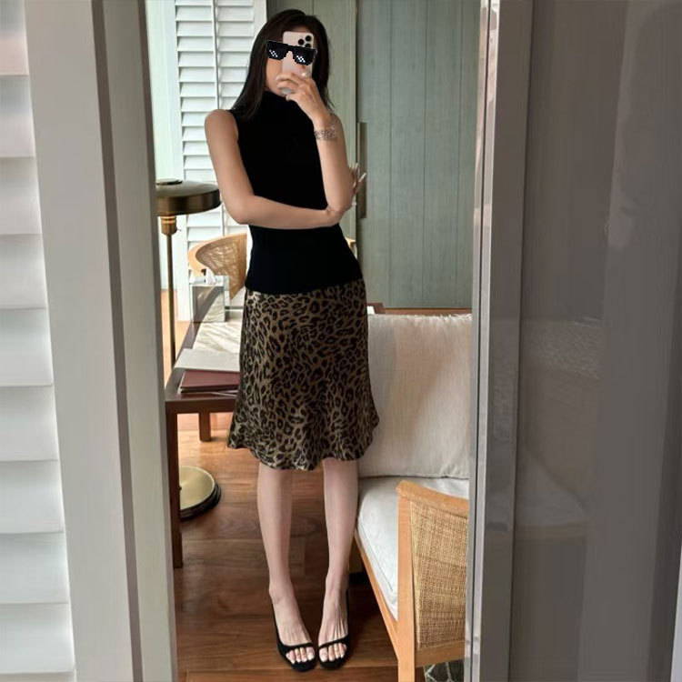 5Werkwen Retro Gilt Bronzing Leopard Print A-Line High-Waisted Skirt Summer New Slimming Look Skirt