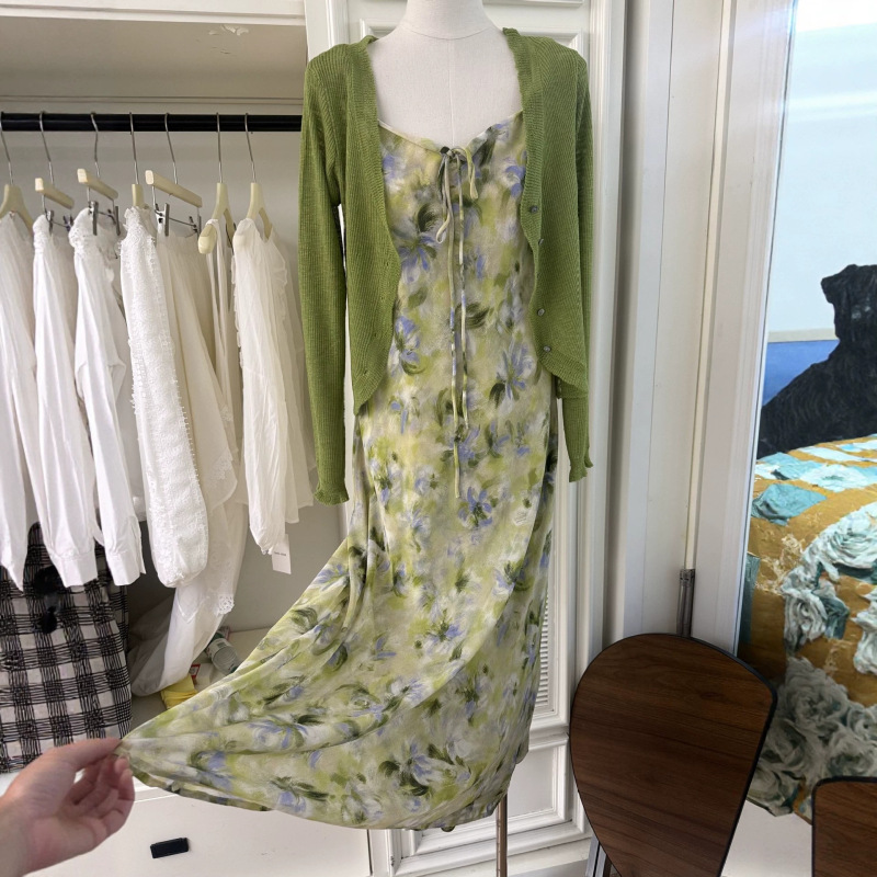 Authentic Green Chiffon Floral Print Spaghetti Strap Dress for Women, Irregular Spring/Summer Knit Cardigan Top Two-Piece Long Dress Set