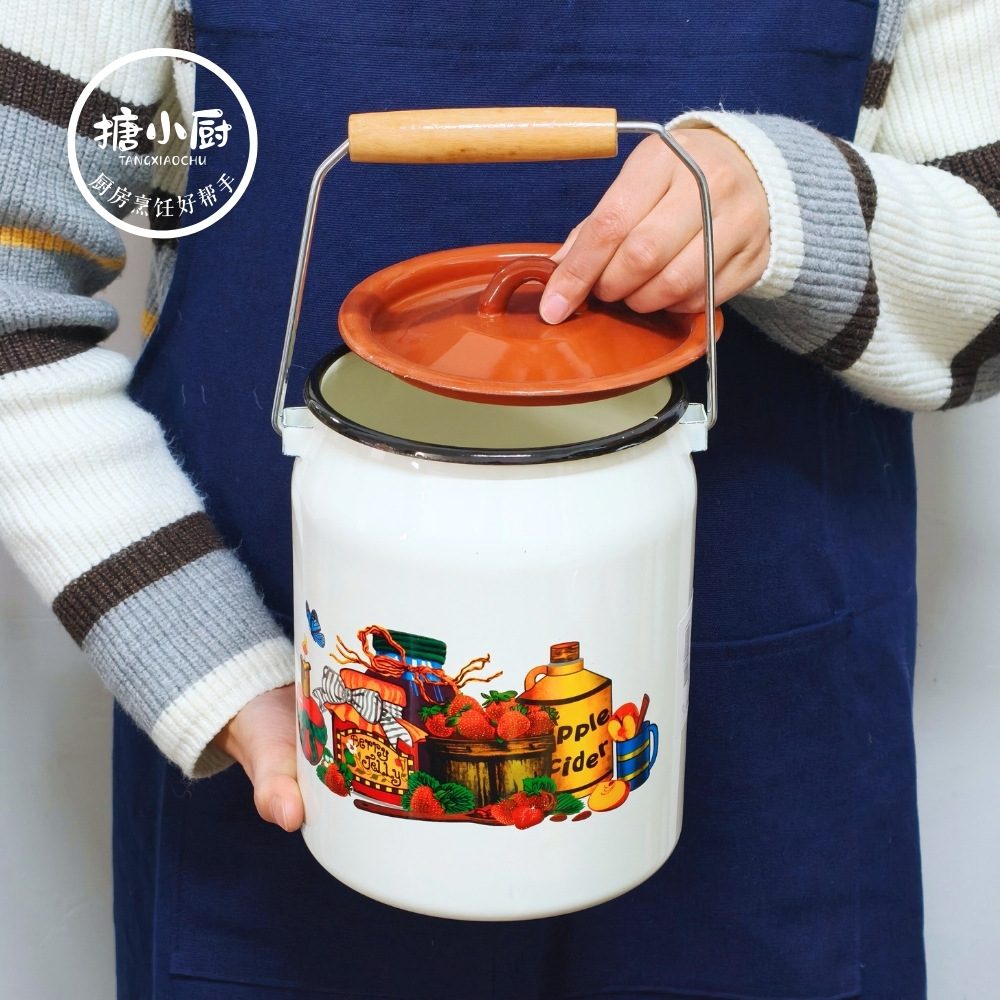 搪小厨3L珐琅搪瓷牛奶桶老式加厚大号家用储物罐带盖手提罐子珐琅