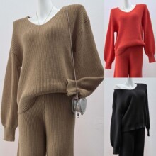 毛衣定制跨境欧美秋冬新款女装V领简约休闲套头上衣M8501