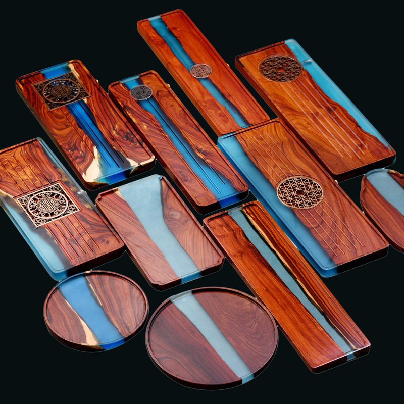 Bandeja de té de resina de sándalo rojo de hoja pequeña bandeja de té de madera maciza Oficina húmeda y seca juego de té creativo de doble uso simple lujo ligero