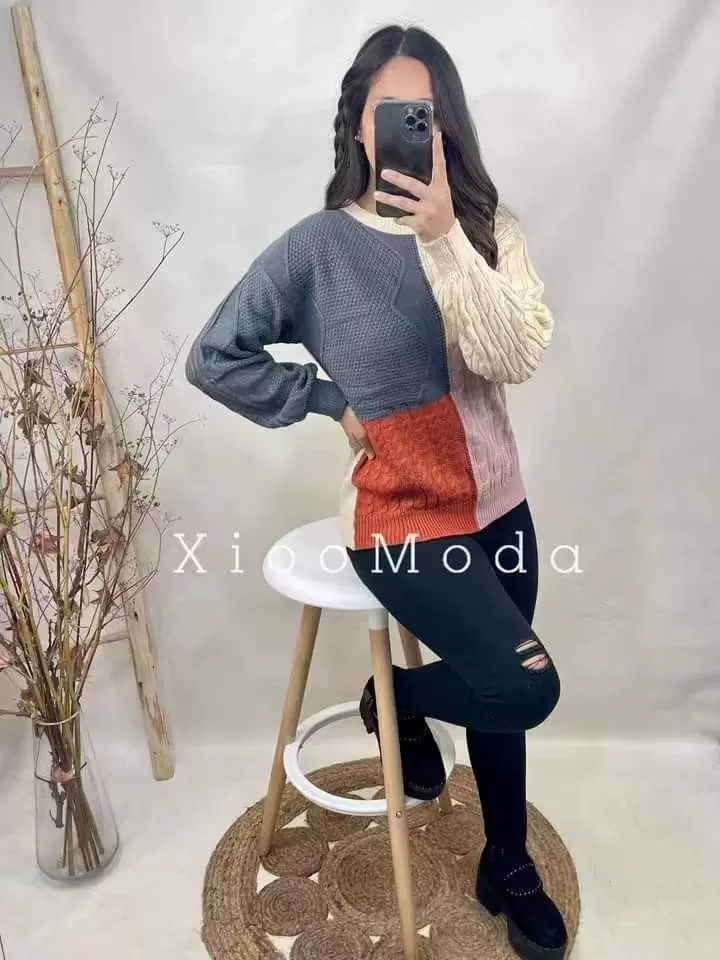22外贸毛衣女跨境亚马逊秋冬新款南美拼接灯笼袖麻花拼色针织衫