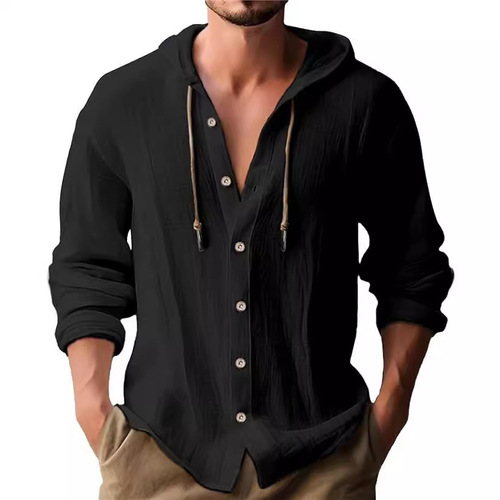 Amazon Cross-Border 2025 New Spring Men's Hooded T-Shirt Pure Cotton Linen Men's Casual Long-Sleeve Top