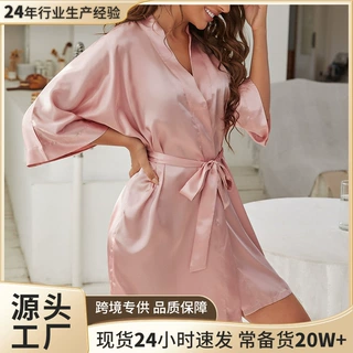 wow跨境睡衣四季可穿舒适薄款家居服女士优雅简约纯色仿真丝睡袍