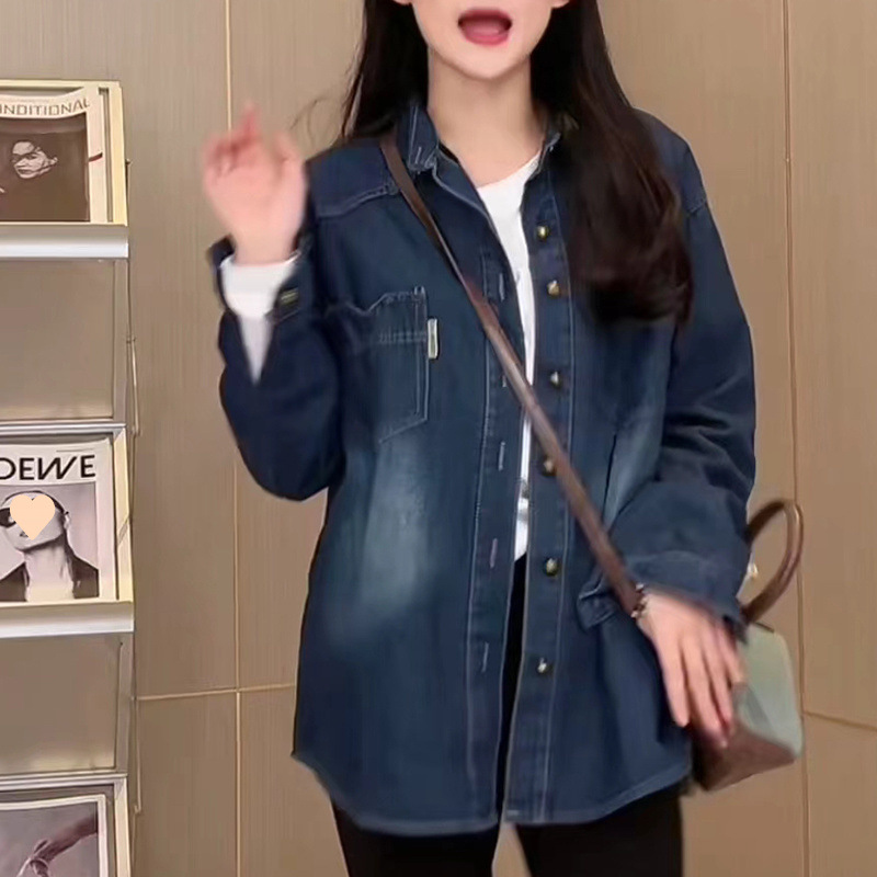 데님 봄과 가을 캐주얼 셔츠 새 긴 소매 가을과 겨울 중간 길이 느슨한 한국 패션 톱 코트 셔츠